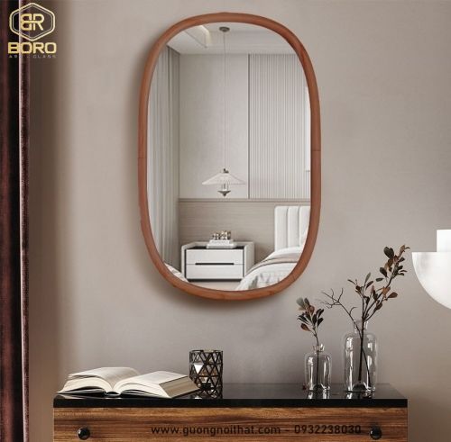 Gương phòng tắm, gương trang trí, gương khung gỗ CNC154, kích thước 60*80cm