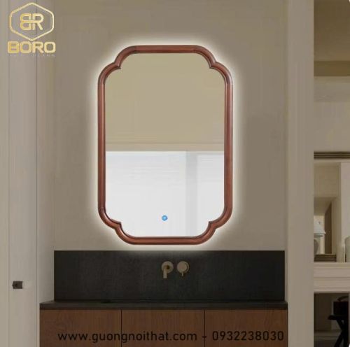 Gương trang trí, gương khung gỗ tự nhiên bản soi có đèn led CNC160-LED, kích thước 60*90cm