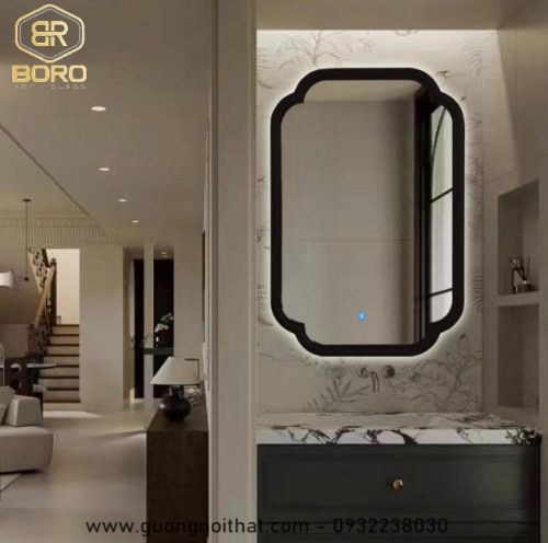 Gương trang trí, gương khung gỗ tự nhiên bản soi có đèn led CNC160-LED, kích thước 60*90cm