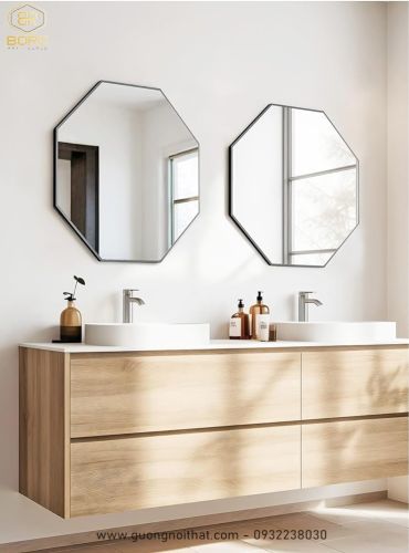 Gương khung inox bát giác sơn đen INOXBR173, kích thước 60*60 cm