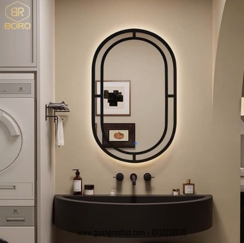 Gương khung gỗ trang trí hình oval 2 lớp có đèn led CNC115-LED, kích thước 60*90cm