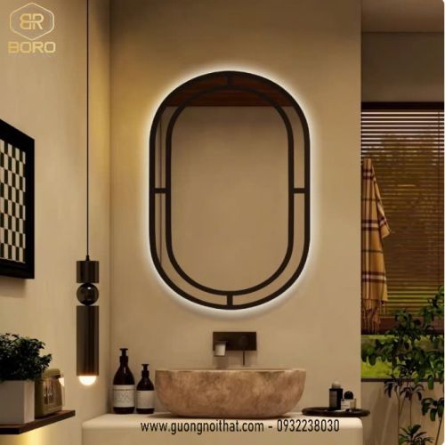 Gương khung gỗ trang trí hình oval 2 lớp có đèn led CNC115-LED, kích thước 60*90cm
