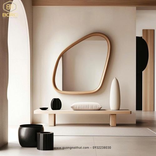 Gương phòng tắm, Gương gỗ độc đáo, gương khung gỗ CNC155, kích thước 76*80cm
