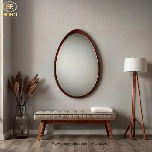 Gương trang điểm, Gương hình quả trứng, gương khung gỗ CNC156, kích thước 53*95cm