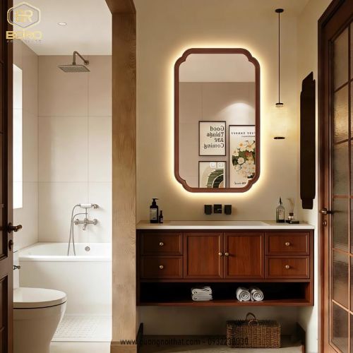 Gương trang trí, gương khung gỗ tự nhiên bản soi có đèn led CNC160-LED, kích thước 60*90cm