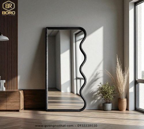Gương toàn thân viền gỗ lượn sóng, gương phòng khách toàn thân CNC168, kích thước 60*160cm