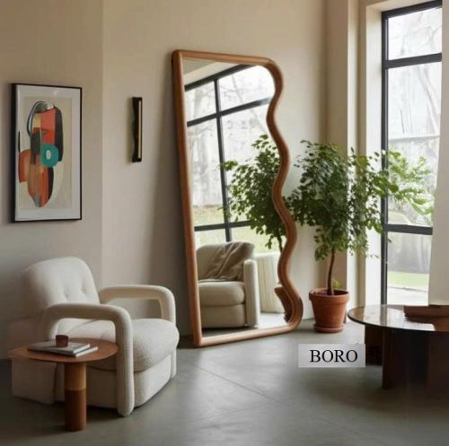 Gương toàn thân viền gỗ lượn sóng, gương phòng khách toàn thân CNC168, kích thước 60*160cm