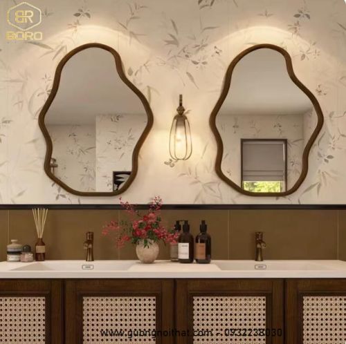 Gương trang điểm kiểu Bắc Âu hình dáng bất thường, Gương nhà tắm khung gỗ CNC177, kích thước 60*90 cm
