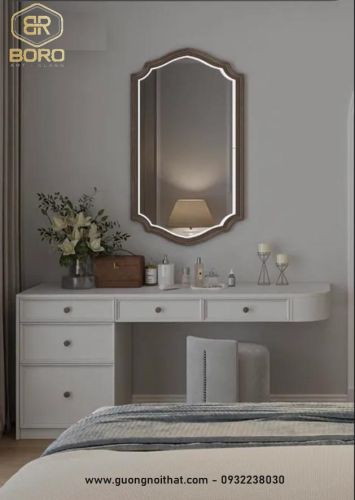 Gương khung gỗ trang trí có đèn led viền sáng CNC184-LEDVIEN, kích thước 60*90 cm