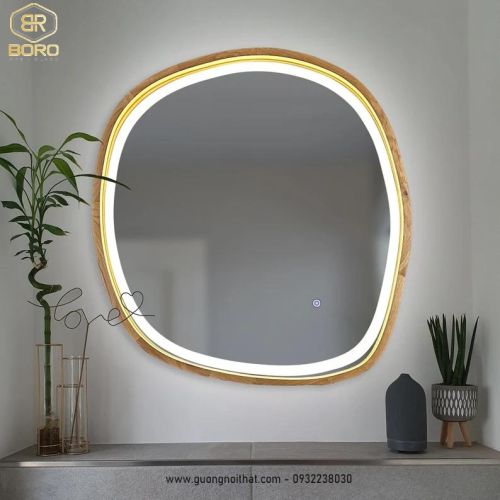 Gương khung gỗ trang trí có đèn led viền sáng CNC195-LEDVIEN, kích thước 60*60 cm