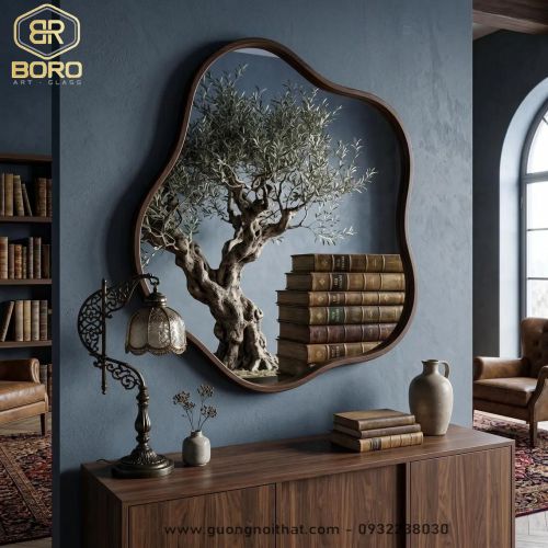 Gương trang trí kiểu Bắc Âu, Gương nhà tắm khung gỗ CNC217, kích thước 60*80 cm
