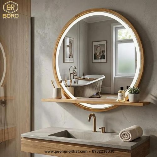 Gương tròn đèn led khung gỗ có kệ để đồ GT102-LEDVIEN, kích thước theo yêu cầu