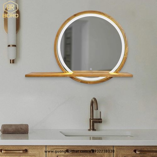 Gương tròn đèn led khung gỗ có kệ để đồ GT102-LEDVIEN, kích thước theo yêu cầu