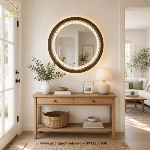 Gương khung gỗ kết hợp led viền sáng họa tiết độc đáo GT104-LEDHOATIET, kích thước 70*70 cm