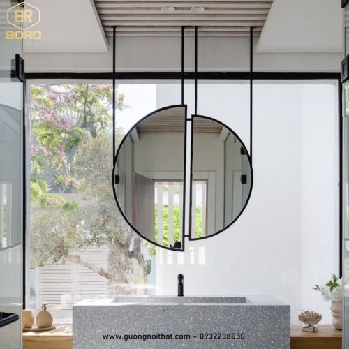 Gương treo trần có thiết kế dạng hình tròn chia đôi độc đáo INOXBR261, kích thước theo yêu cầu