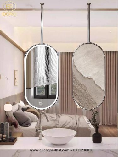 Gương treo trần bằng inox, gương treo hình bầu dục cho phòng tắm và khách sạn INOXLED407