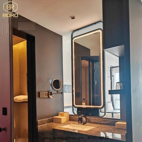 Gương led khung inox có thanh đỡ treo cửa sổ, treo tường INOXLED408