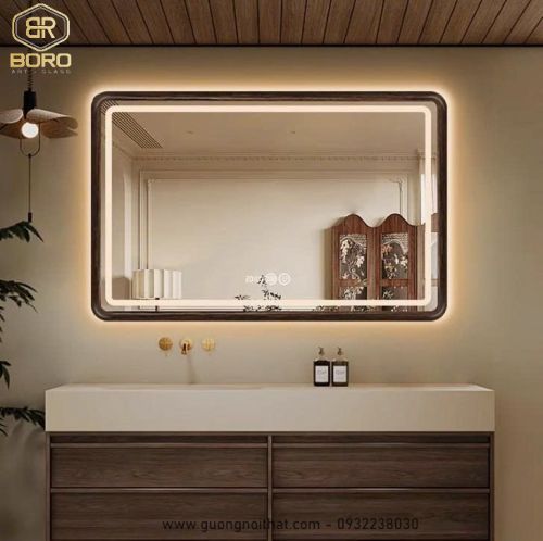 Gương hình chữ nhật bản gỗ cong có led KGBR111-LEDVIEN, kích thước 60*80 cm