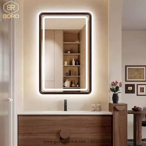 Gương hình chữ nhật bản gỗ cong có led KGBR111-LEDVIEN, kích thước 60*80 cm