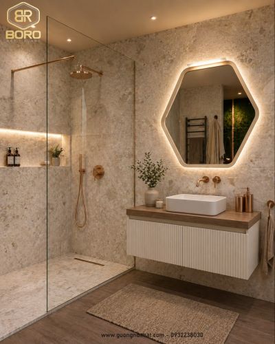 Gương lục giác khung gỗ có đèn led KGBR87-LED, kích thước 60*60 cm