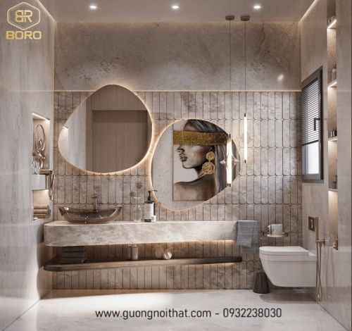 Gương đôi nhà tắm có đèn led hình dáng độc đáo LED029 Kích thước theo yêu cầu