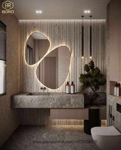 Gương đôi nhà tắm có đèn led hình dáng độc đáo LED029 Kích thước theo yêu cầu