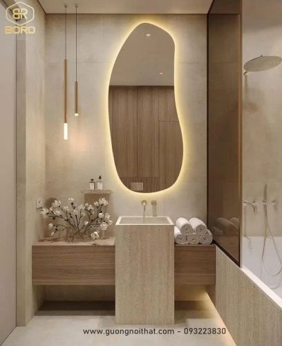 Gương treo tường LED không đối xứng: Trang trí nhà hiện đại không khung có đèn LED047, KT 64*140cm