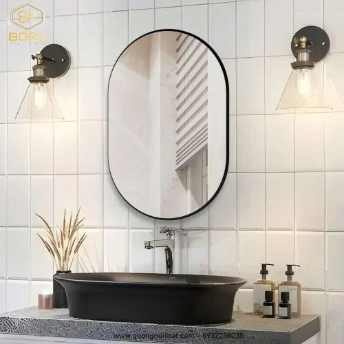 Gương nhà tắm khung nhôm oval gương phôi Bỉ NHOMBR008, KT 60*80 cm